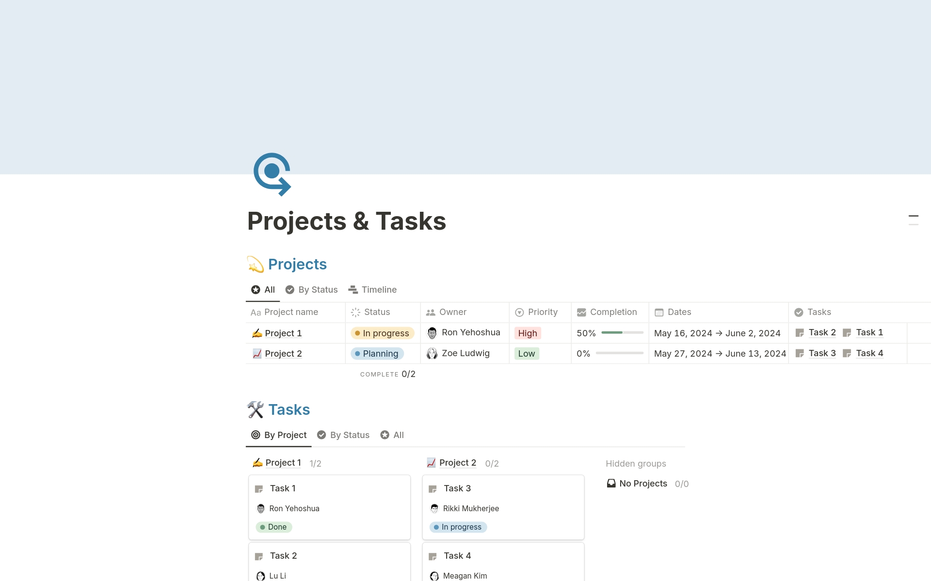 A template preview for Projects & Tasks