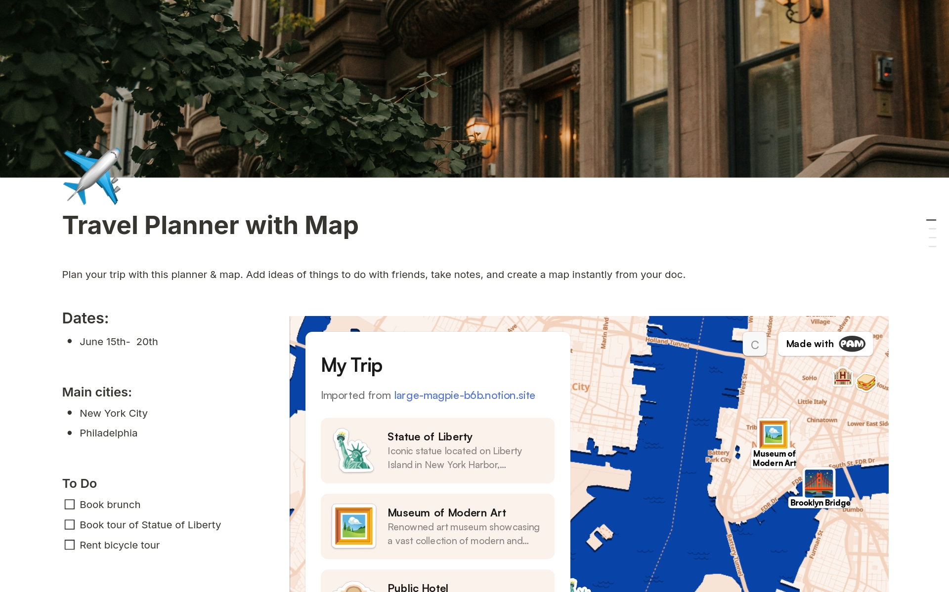 A template preview for Travel Planner with Map