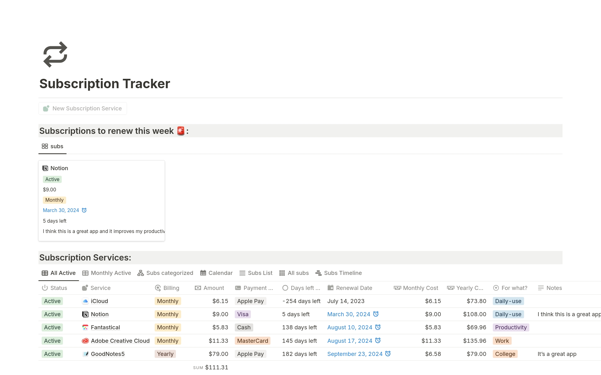 A template preview for Basic Subscription Tracker