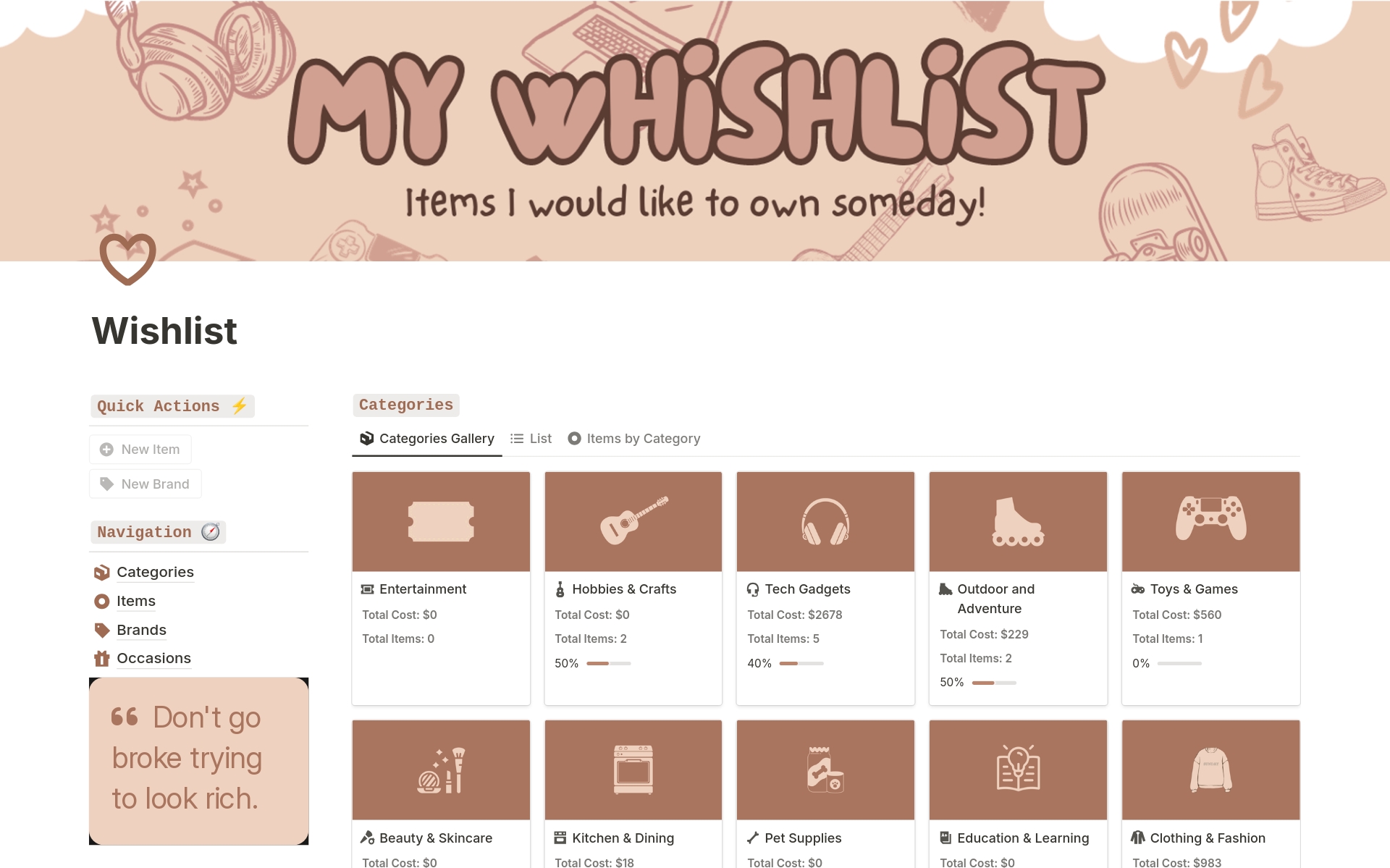 A template preview for Wishlist