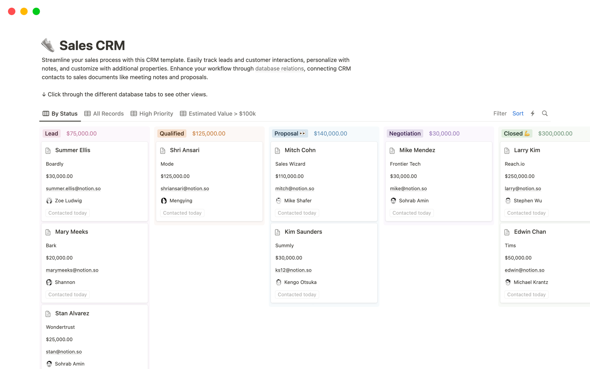 A template preview for Sales CRM