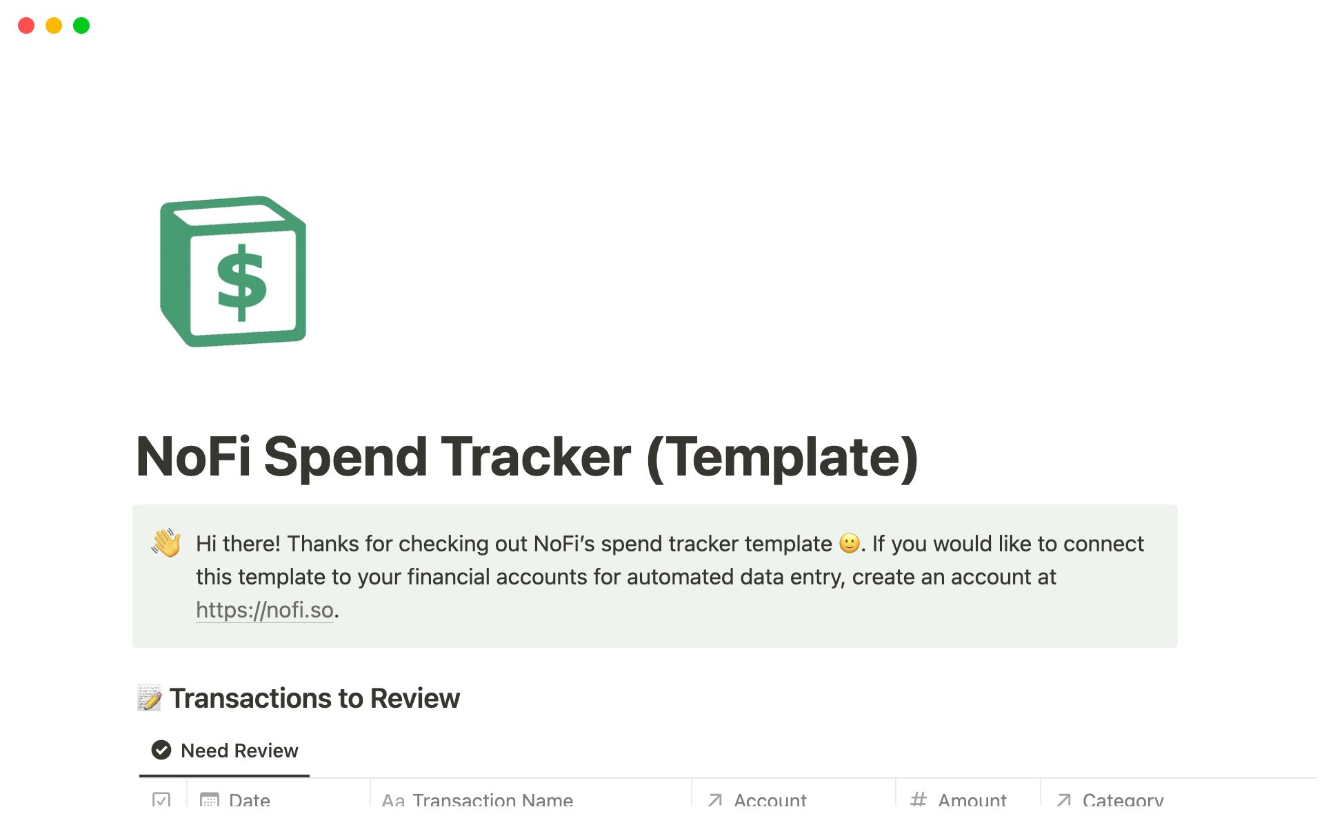 A template preview for NoFi - Personal Finance and Budgeting With Automated Data Entry