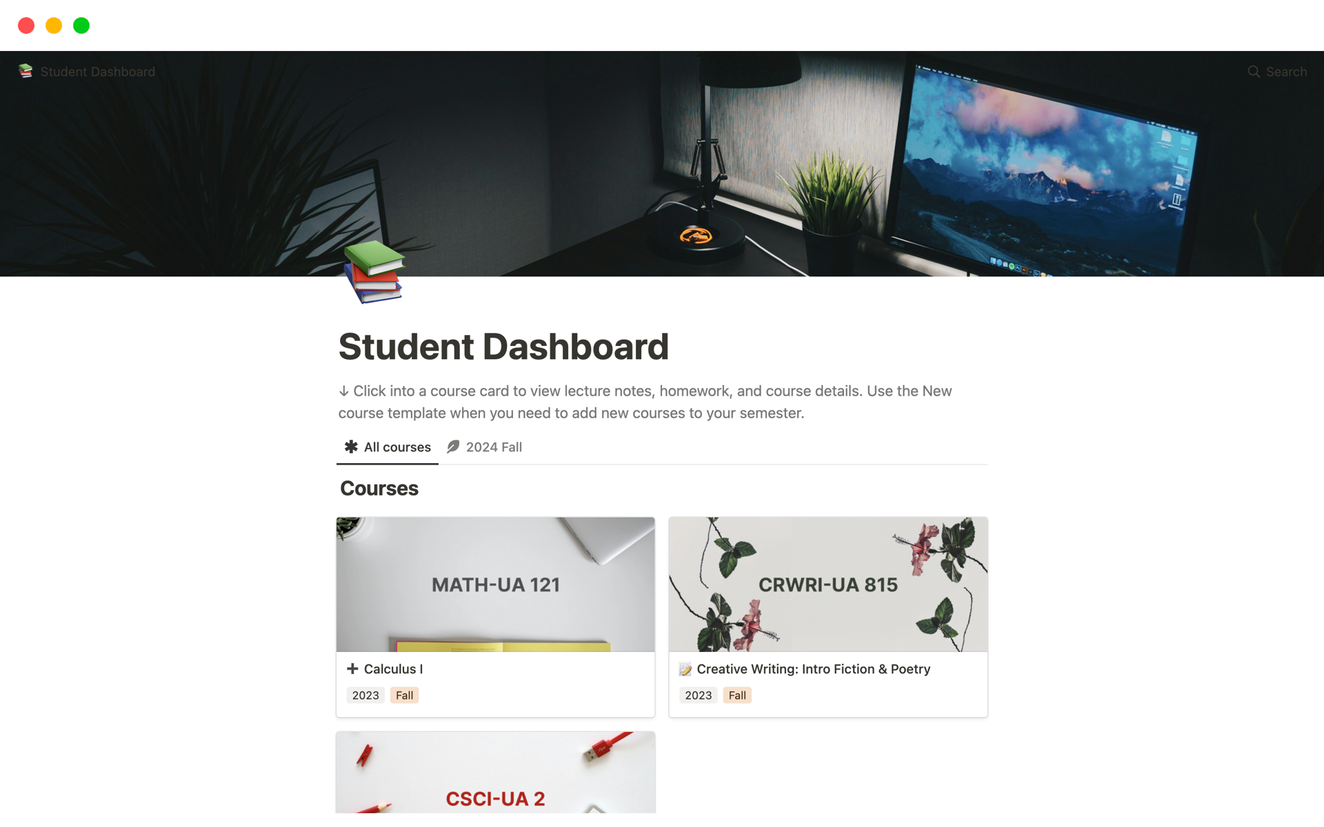 A template preview for Student dashboard