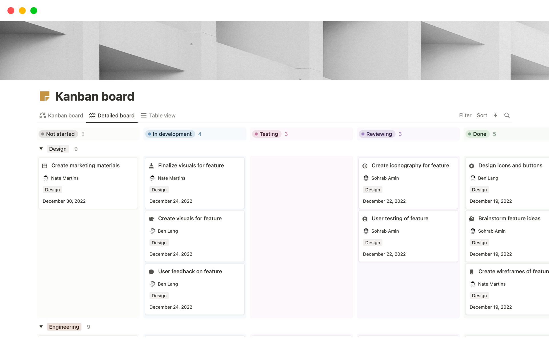 A template preview for Kanban board (w/ Notion AI)