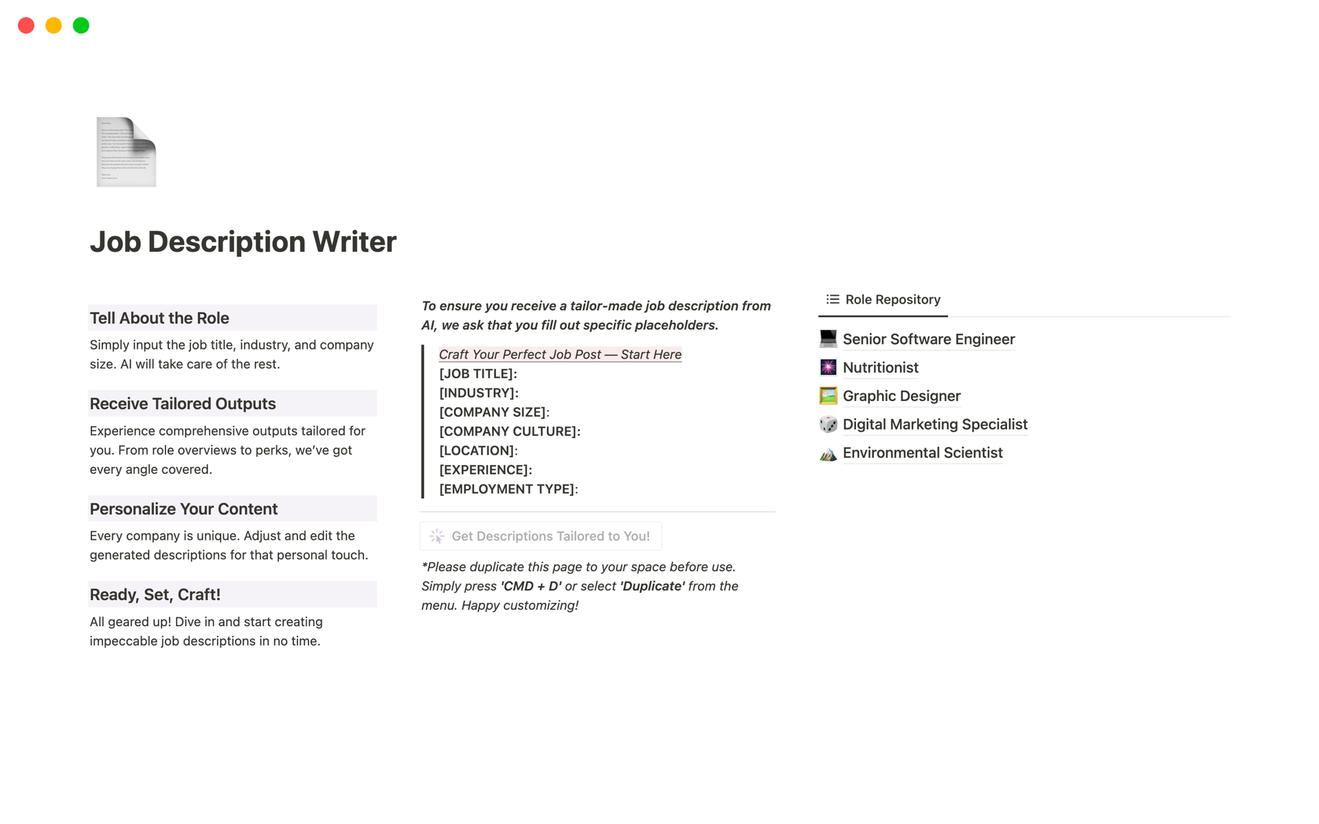 A template preview for Job Description Writer