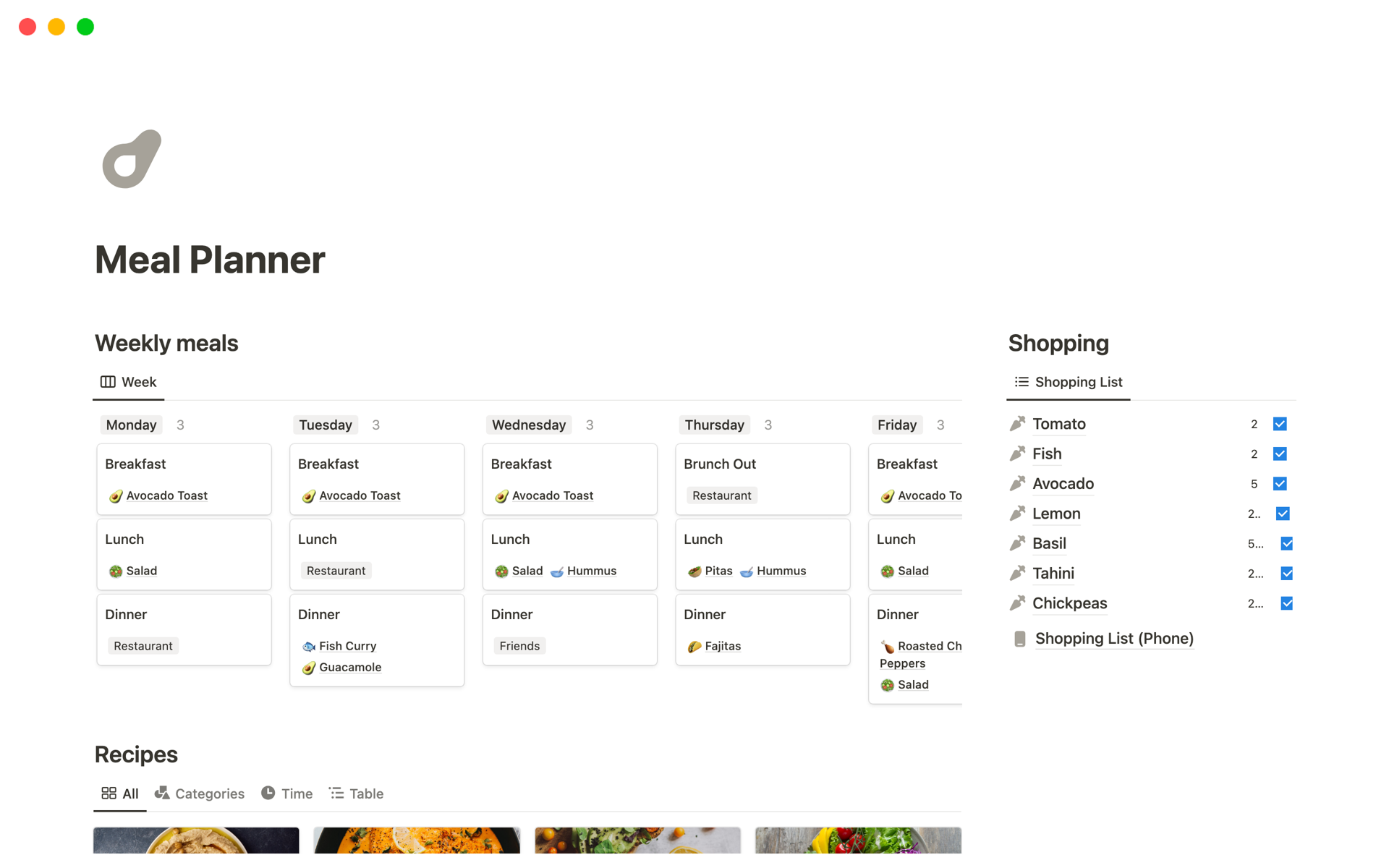 A template preview for Weekly Meal Planner