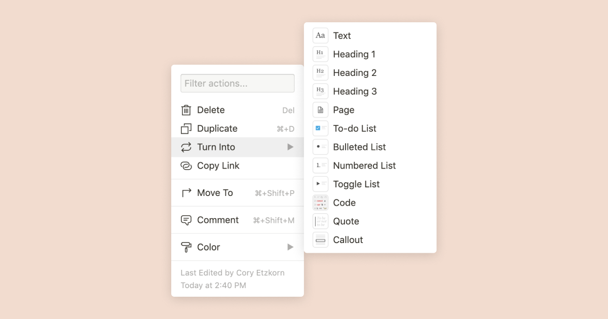 Transforming content blocks in Notion