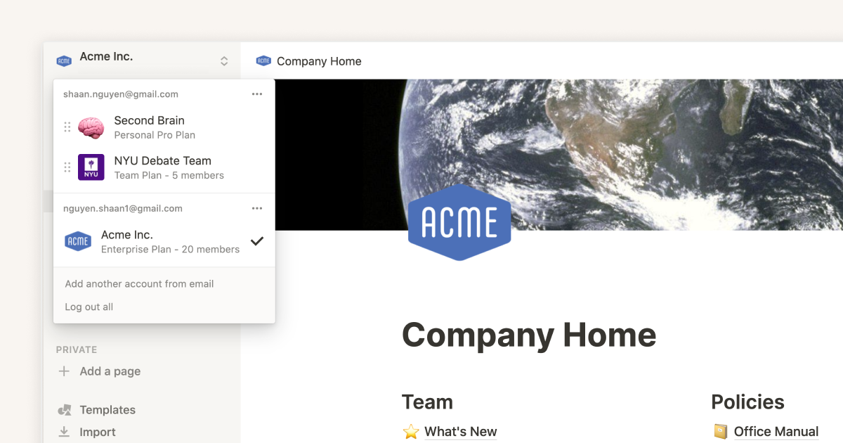 A Notion guide on switching between work and personal accounts